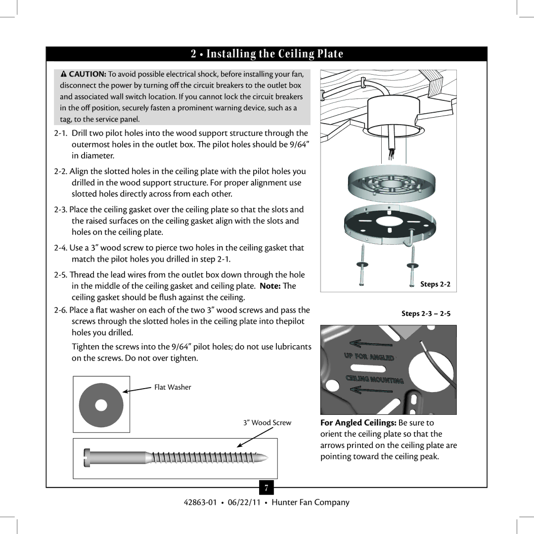 Hunter Fan 21958 installation manual Installing the Ceiling Plate, For Angled Ceilings Be sure to 