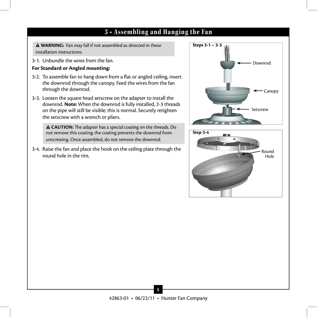 Hunter Fan 21958 installation manual Assembling and Hanging the Fan, For Standard or Angled mounting 