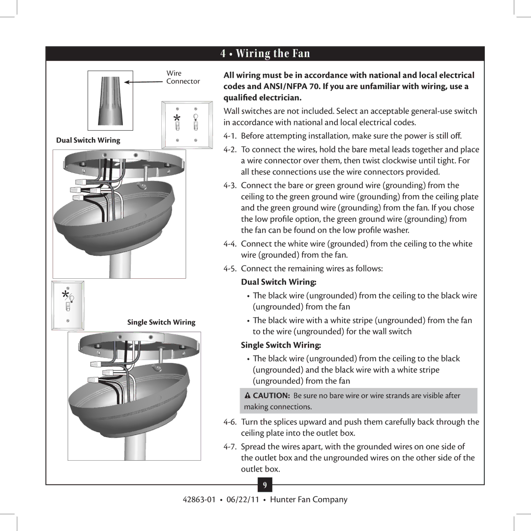 Hunter Fan 21958 installation manual Wiring the Fan, Dual Switch Wiring, Single Switch Wiring 