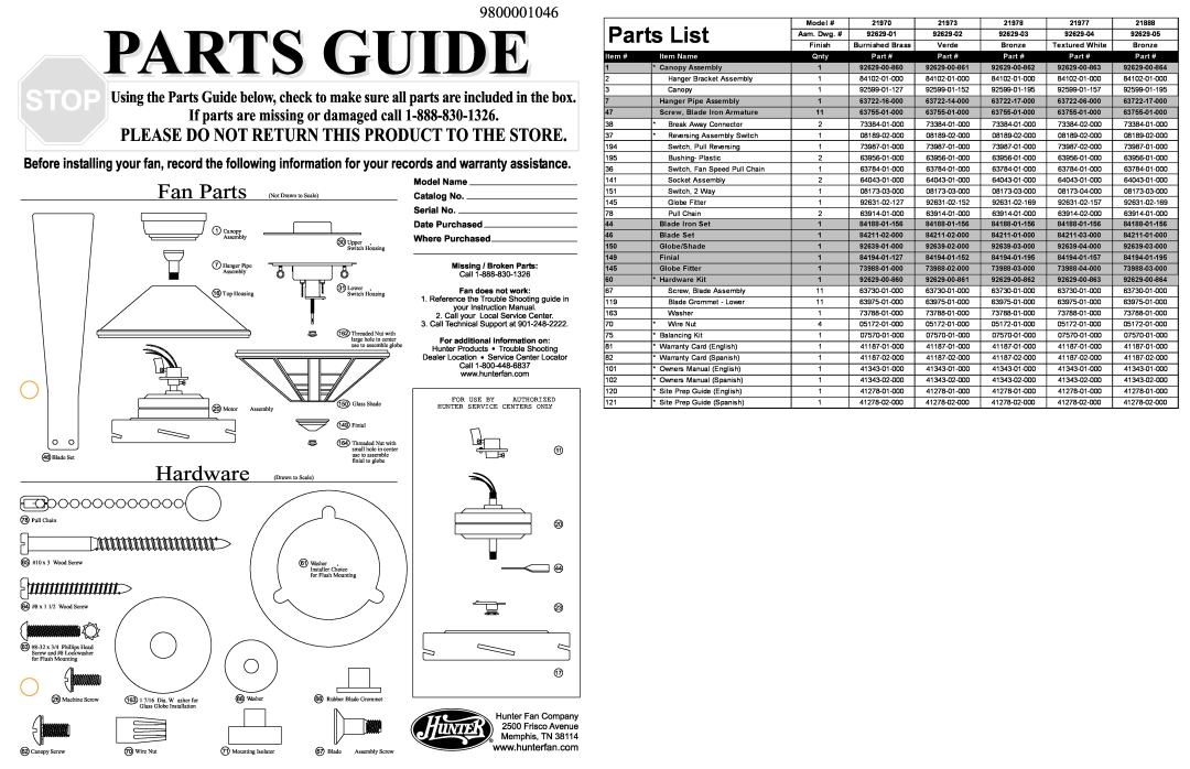 Hunter Fan 21888 warranty TroubleShooting, Fandoes, work, HunterProducts, yourInstructiManual, Parts List, Fan Parts, Qnty 