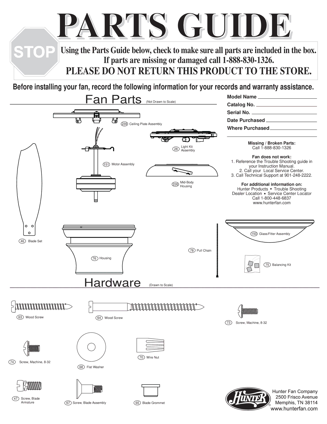 Hunter Fan 22068 warranty Parts Guide 