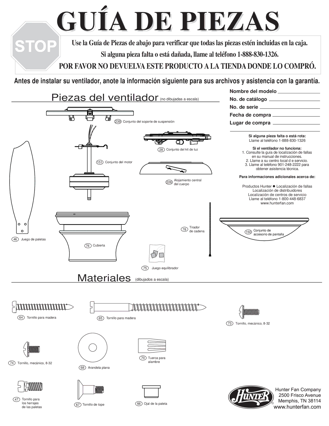 Hunter Fan 22068 warranty Guía DE Piezas 