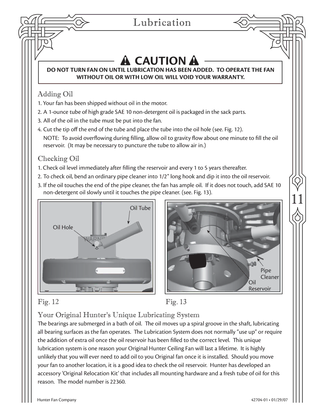 Hunter Fan 22360 warranty Lubrication, Adding Oil, Checking Oil, Your Original Hunter’s Unique Lubricating System 