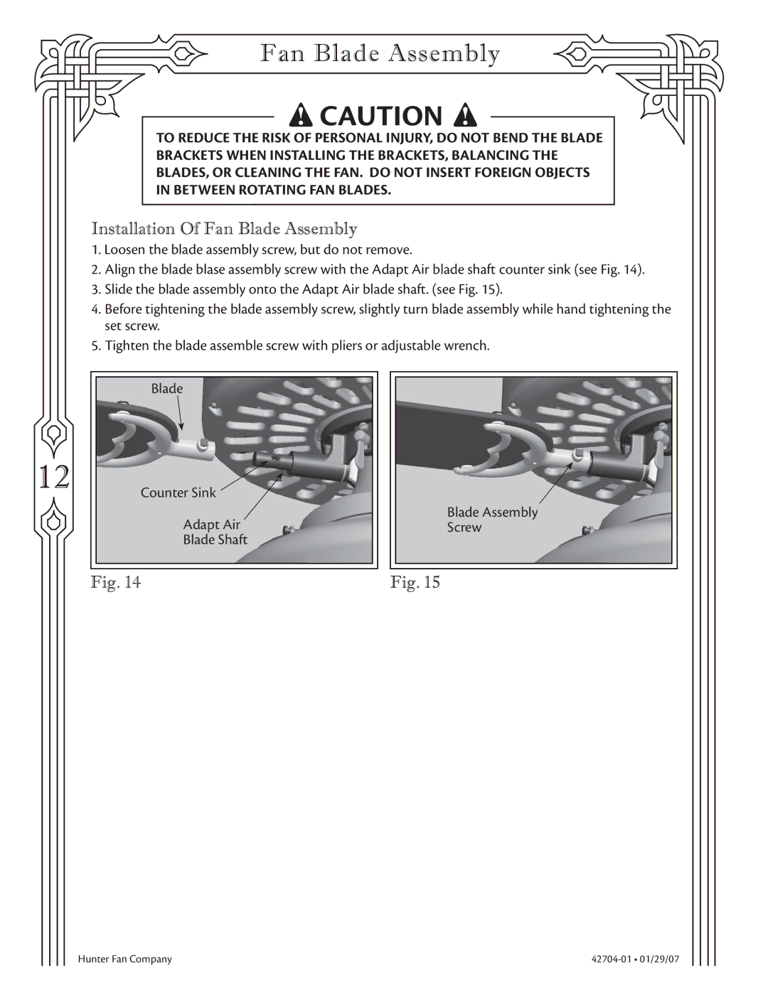 Hunter Fan 22360 warranty Installation Of Fan Blade Assembly 