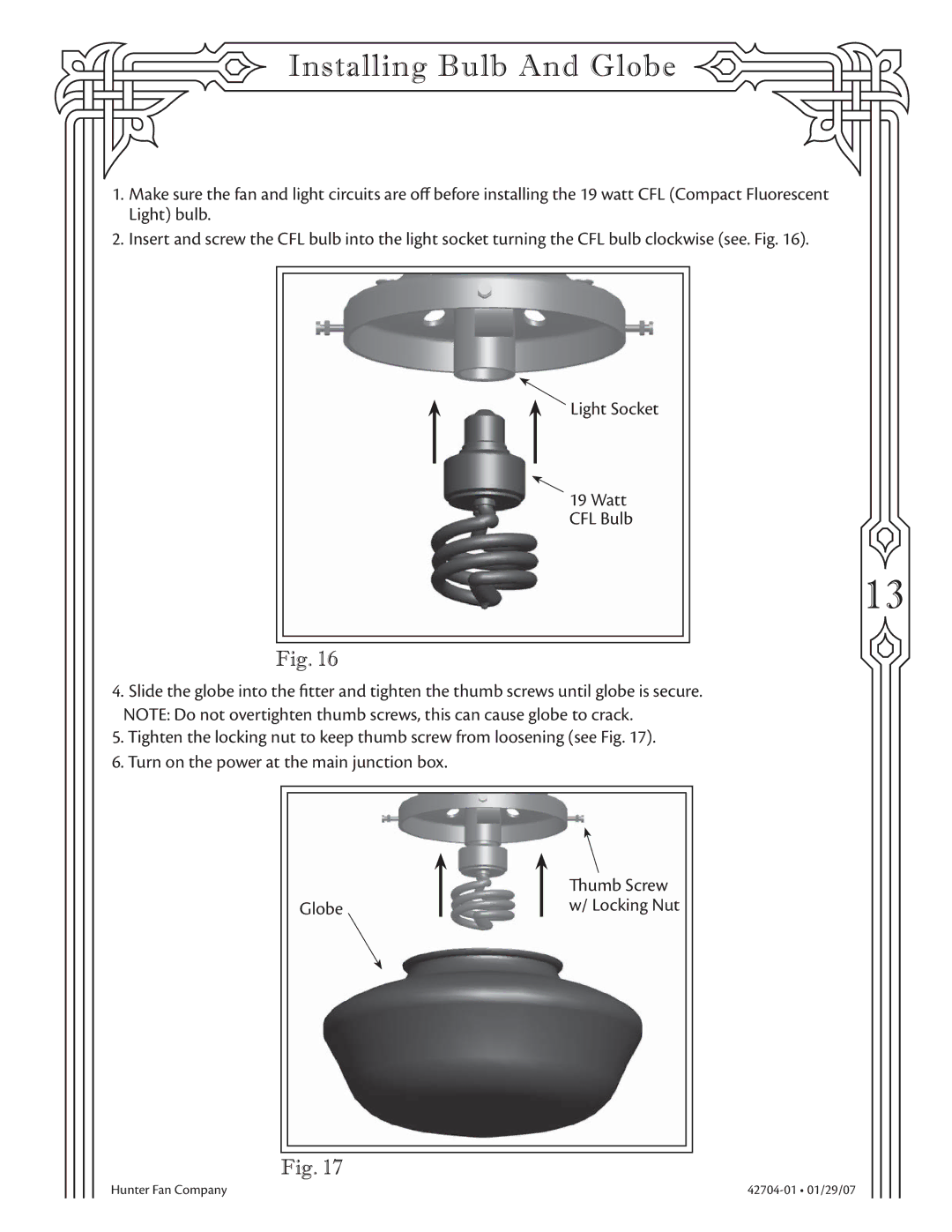 Hunter Fan 22360 warranty Installing Bulb And Globe 