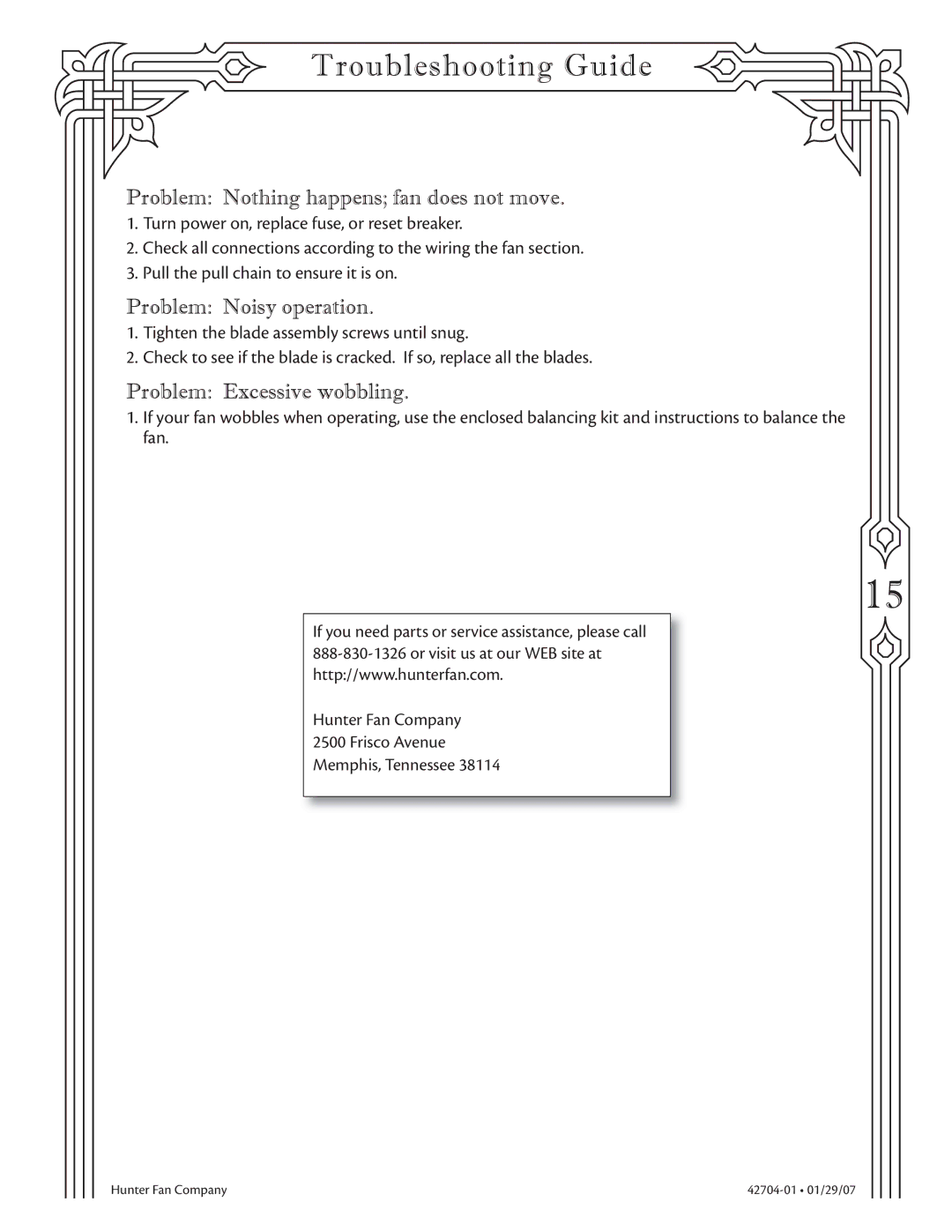 Hunter Fan 22360 warranty Troubleshooting Guide, Problem Nothing happens fan does not move, Problem Noisy operation 