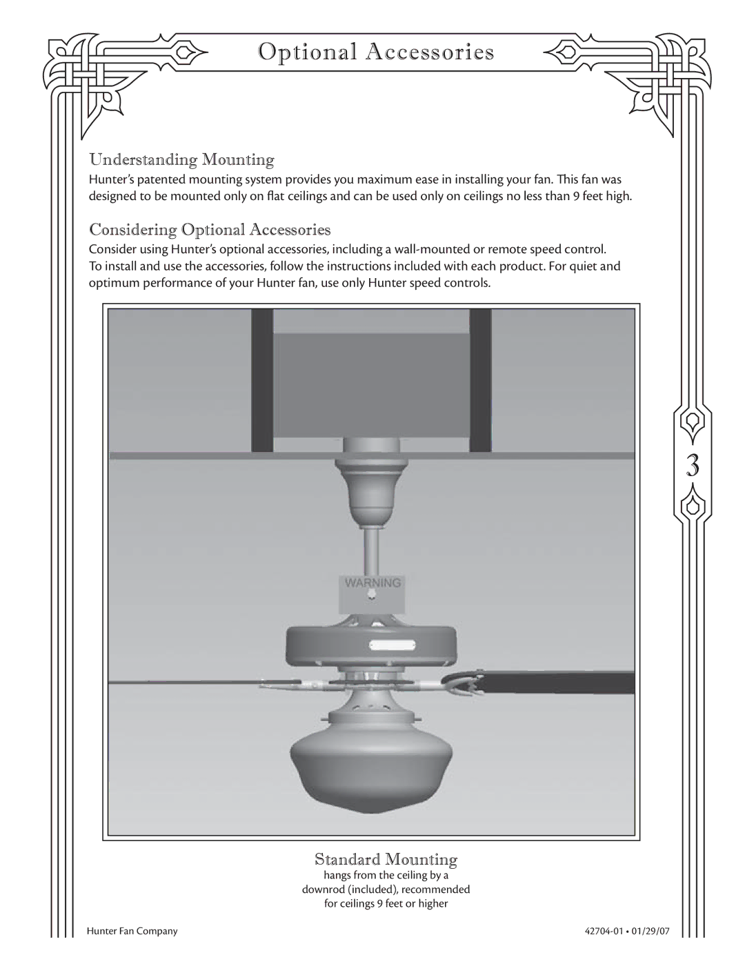 Hunter Fan 22360 warranty Understanding Mounting, Considering Optional Accessories, Standard Mounting 