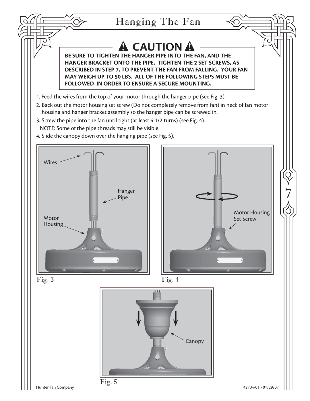 Hunter Fan 22360 warranty Hanging The Fan 