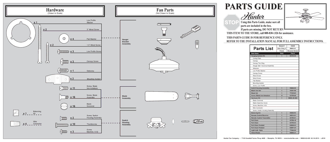 Hunter Fan 22438 installation manual Hardware, Fan Parts, Parts List, Not Drawn to Scale 