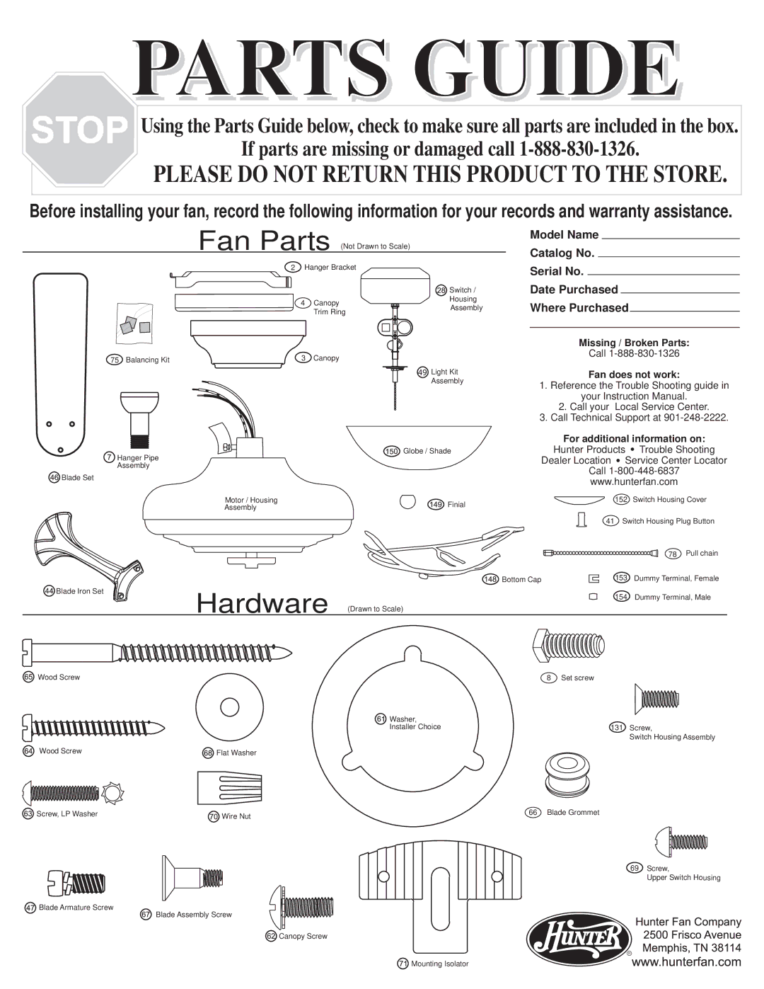 Hunter Fan 22540 warranty Parts Guide 