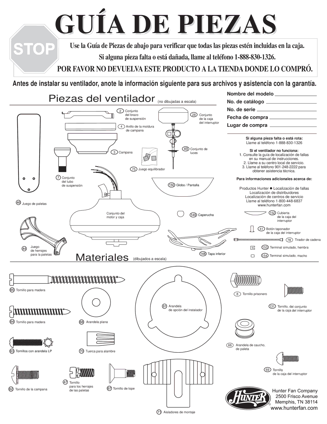 Hunter Fan 22540 warranty Guía DE Piezas 