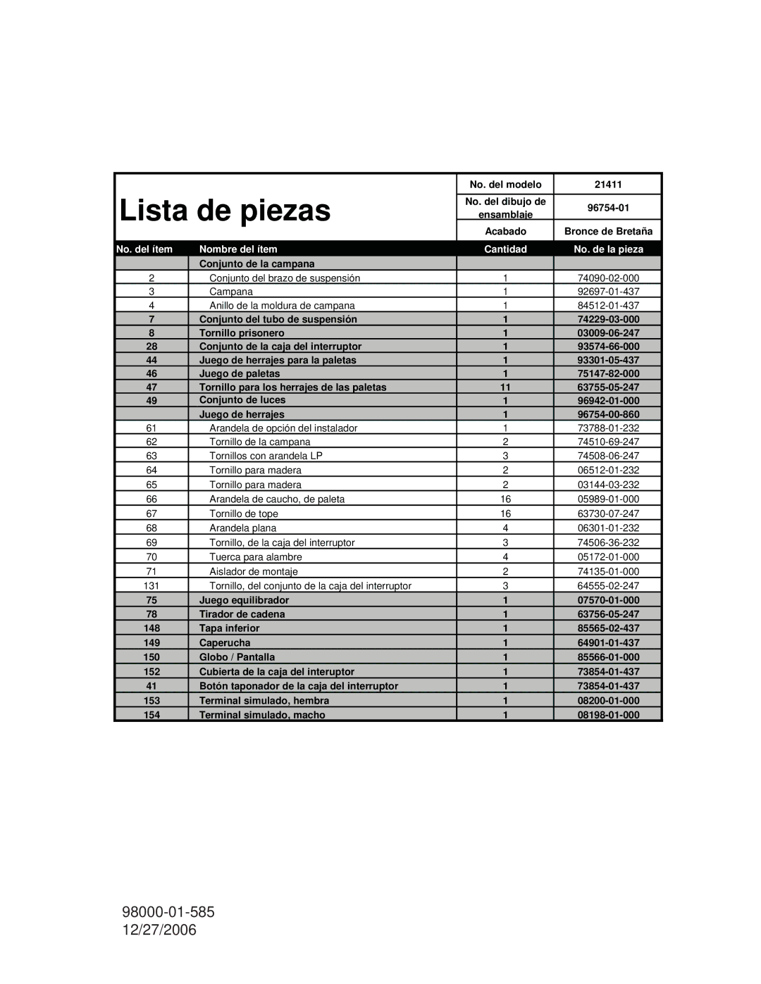 Hunter Fan 22540 warranty Lista de piezas, No. del ítem Nombre del ítem Cantidad No. de la pieza 