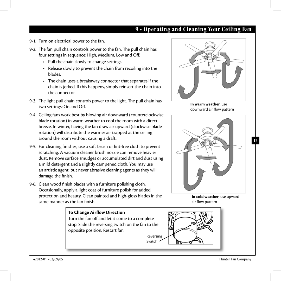 Hunter Fan 22720, 22710 manual Operating and Cleaning Your Ceiling Fan, To Change Airflow Direction 