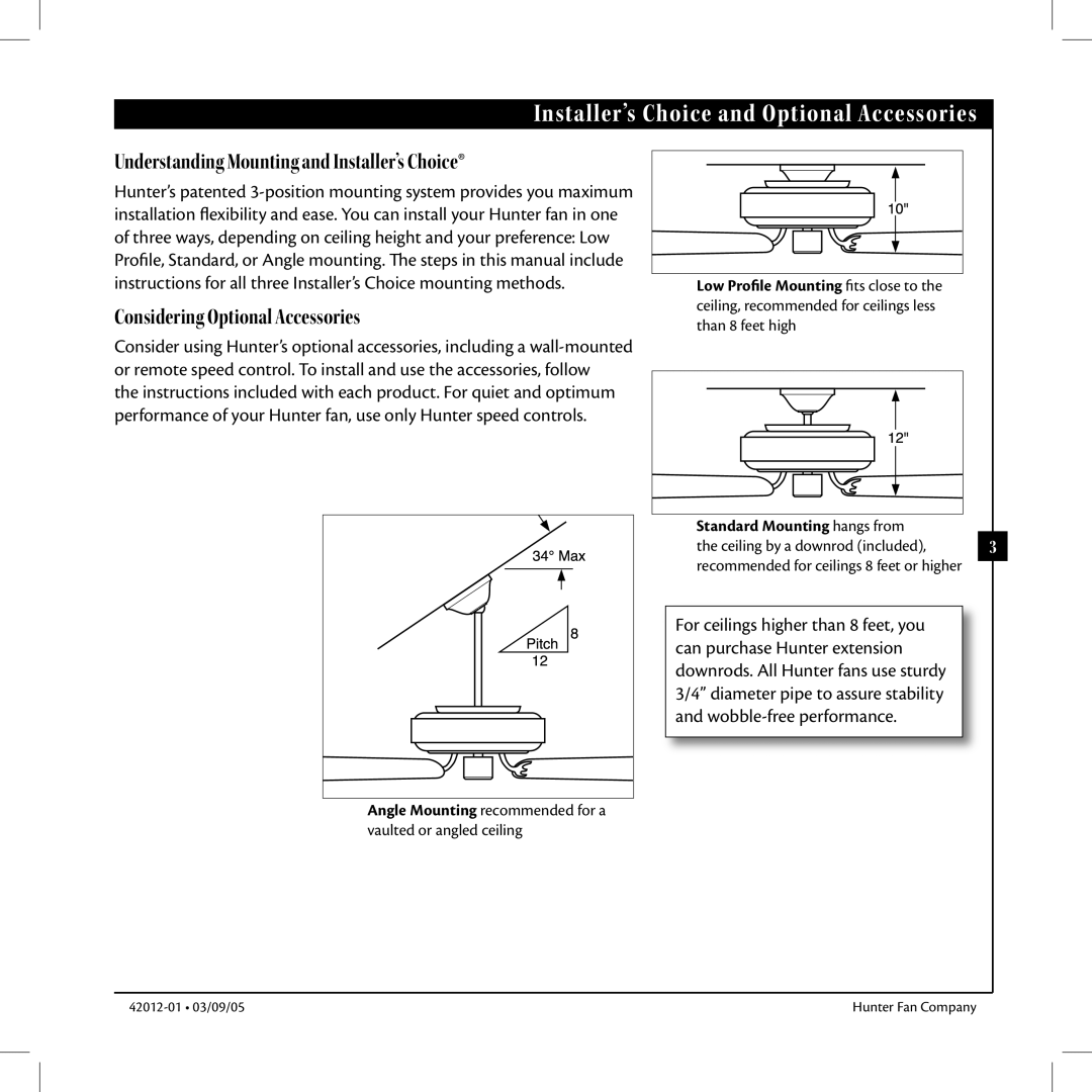 Hunter Fan 22720, 22710 manual Installer’s Choice and Optional Accessories, Understanding Mounting and Installer’s Choice 