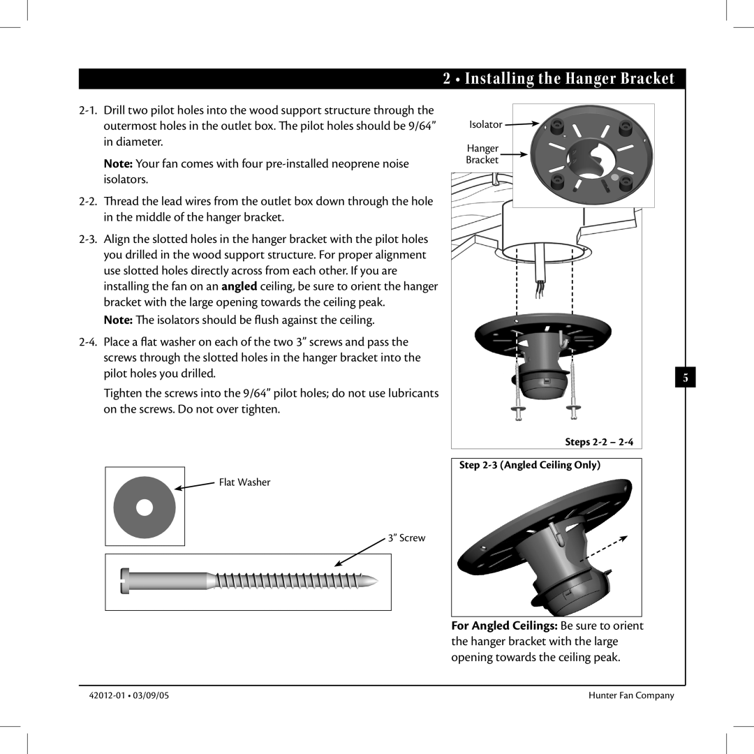 Hunter Fan 22720, 22710 manual Installing the Hanger Bracket 