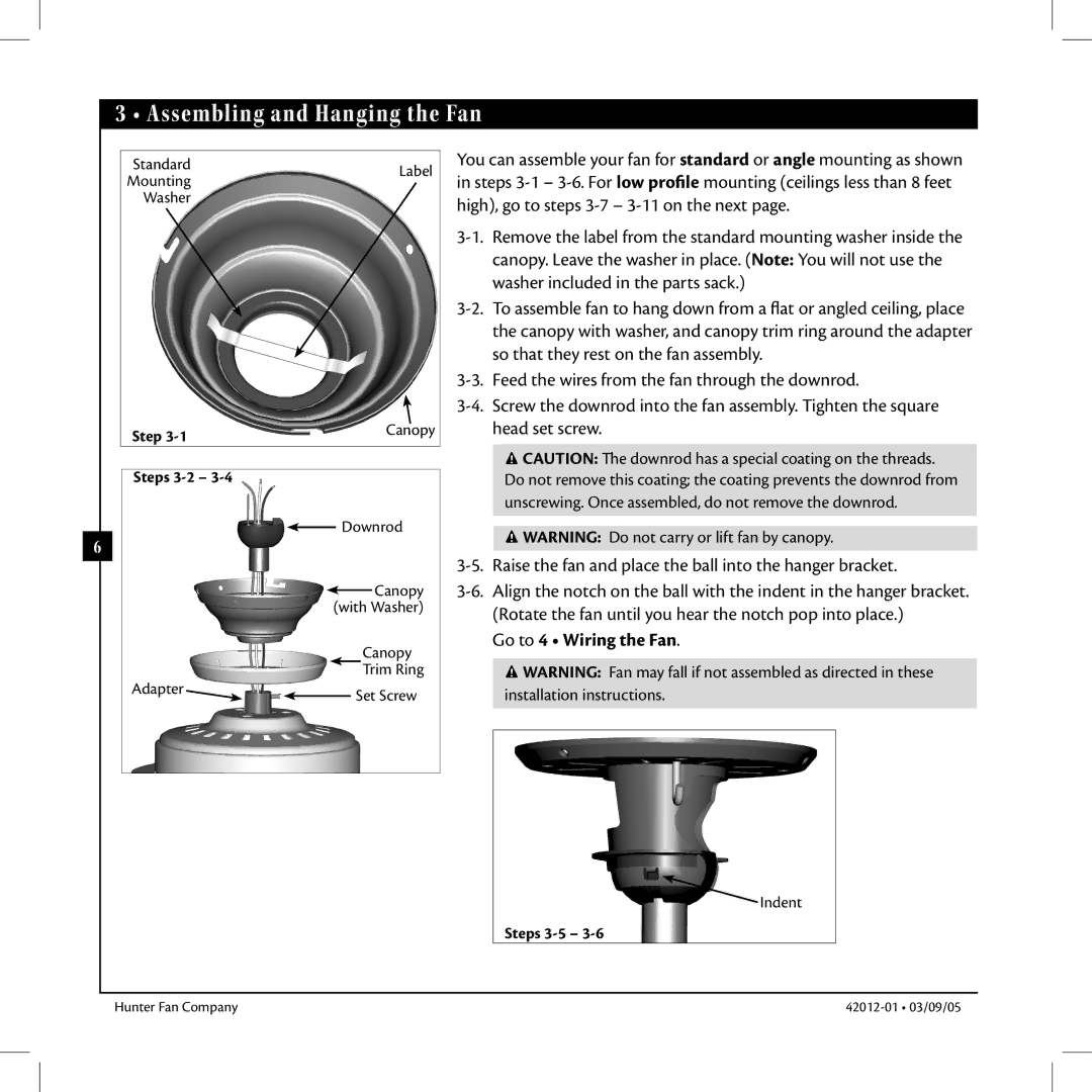 Hunter Fan 22710, 22720 manual Assembling and Hanging the Fan, Go to 4 Wiring the Fan 