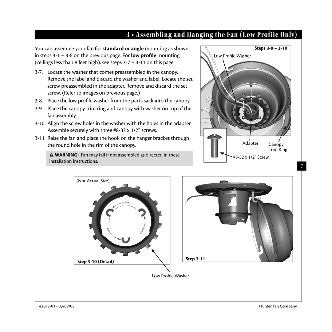 Hunter Fan 22720, 22710 manual Assembling and Hanging the Fan Low Profile Only 