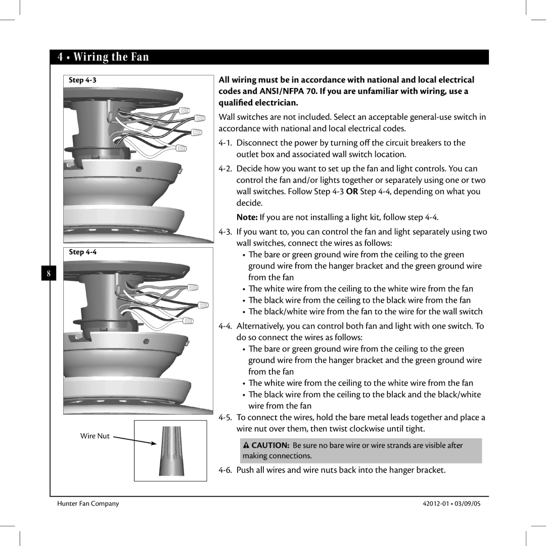 Hunter Fan 22710, 22720 manual Wiring the Fan 