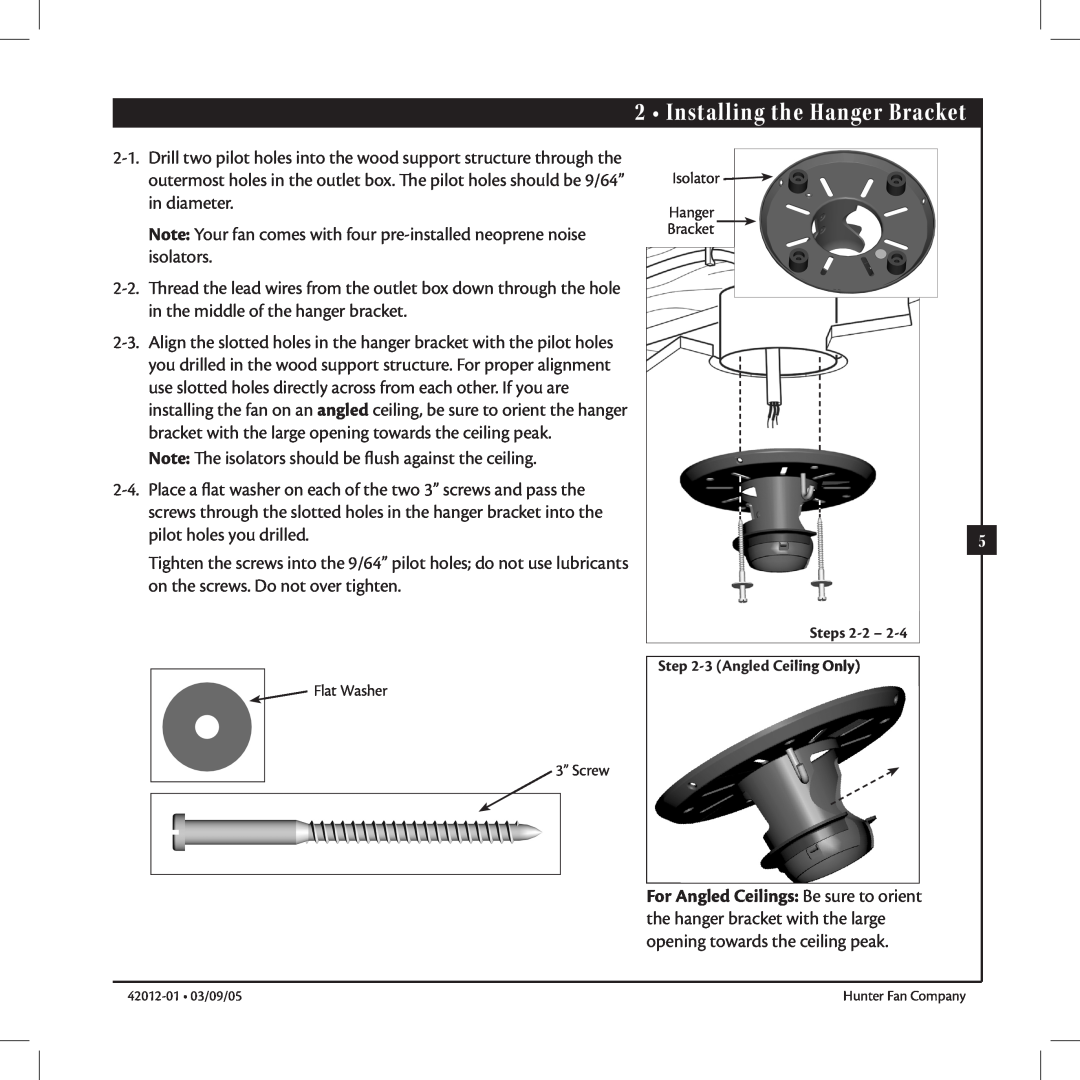 Hunter Fan 22720, 22710 manual Installing the Hanger Bracket, Steps 2-2- -3Angled Ceiling Only 