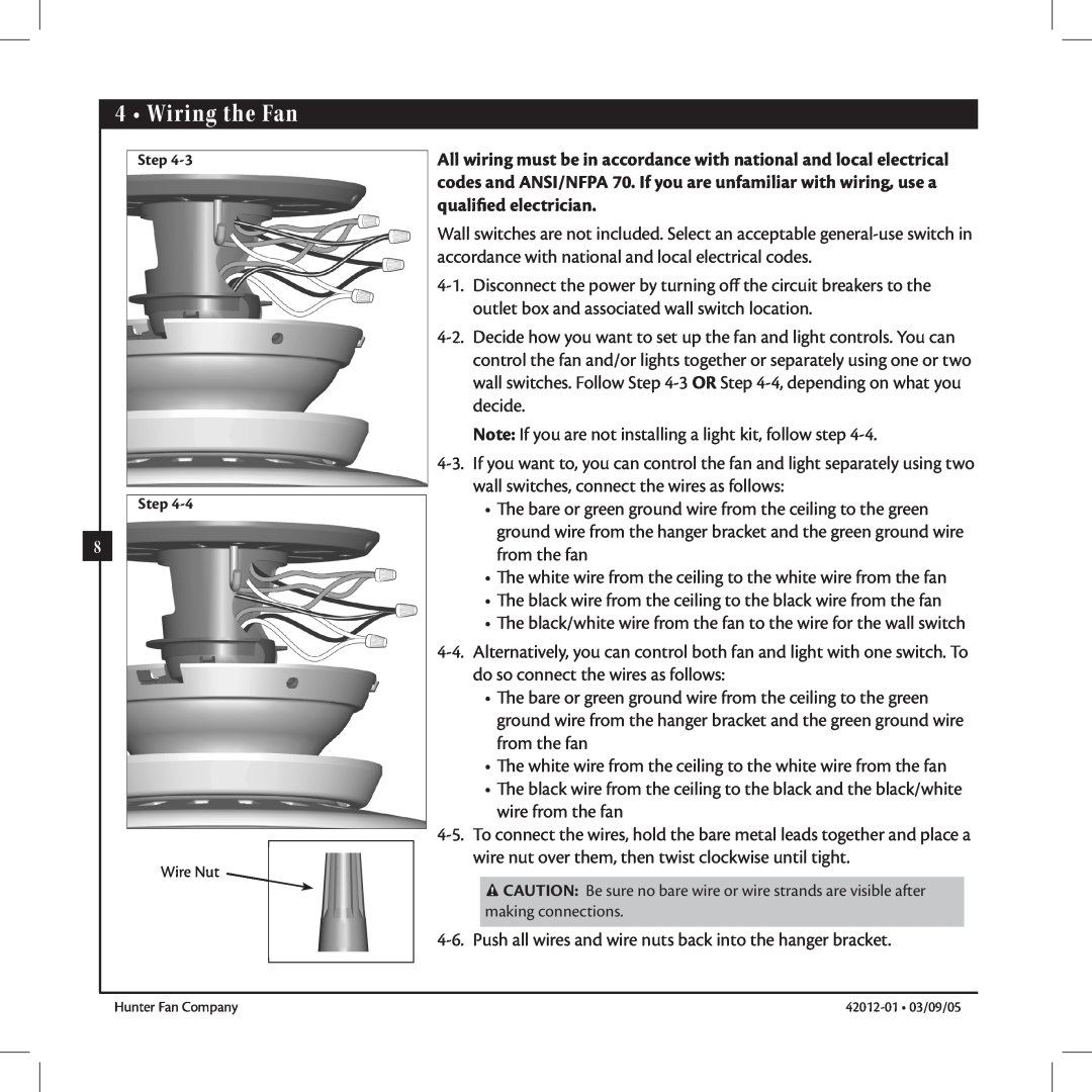 Hunter Fan 22710, 22720 manual Wiring the Fan, Step Step 