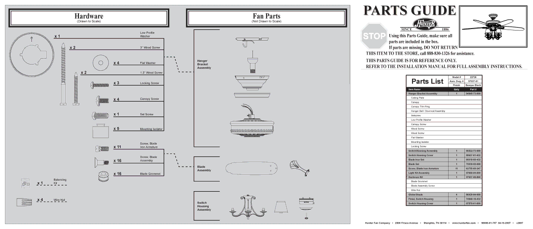 Hunter Fan 22720 installation manual Hardware, Fan Parts, Parts List, Not Drawn to Scale 