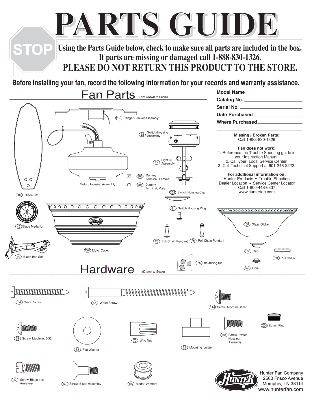 Hunter Fan 22793, 22794 warranty Parts Guide 