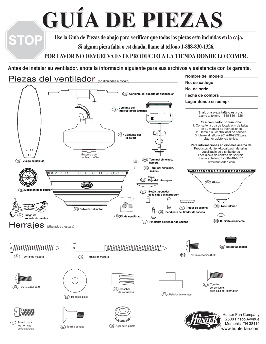 Hunter Fan 22793, 22794 warranty Guía DE Piezas 