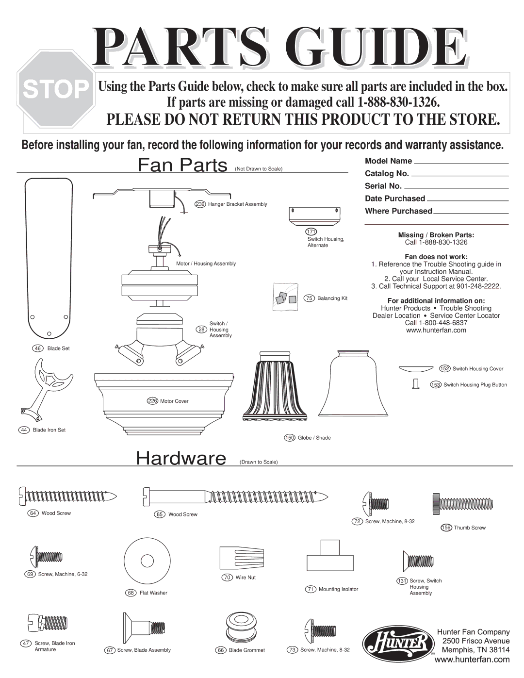 Hunter Fan 22876, 22877, 22875 warranty Parts Guide 