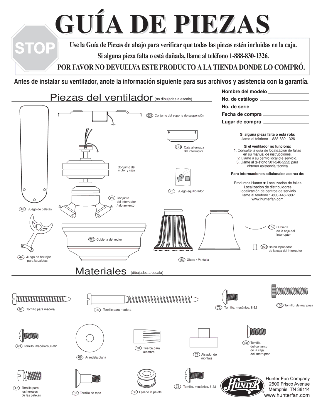 Hunter Fan 22877, 22876, 22875 warranty Guía DE Piezas 