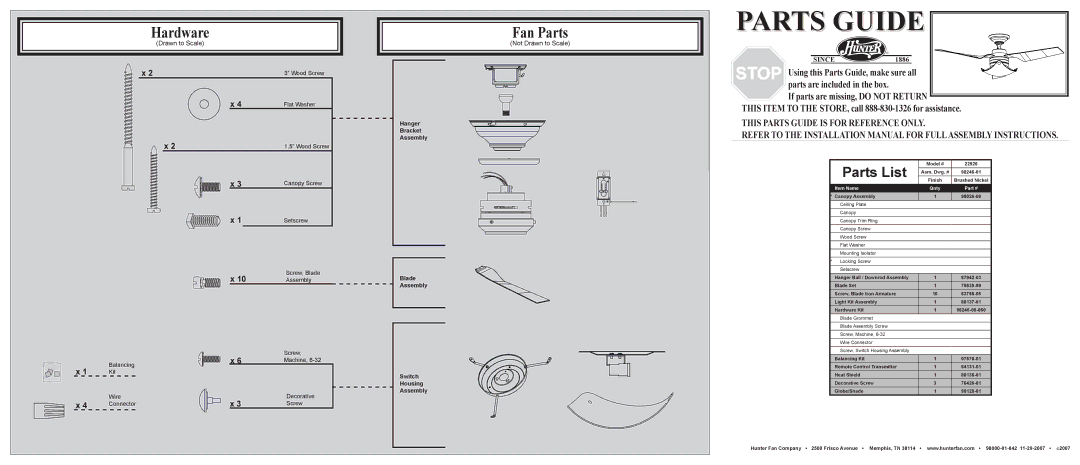 Hunter Fan 22926 installation manual Hardware, Fan Parts, Parts List, Not Drawn to Scale 