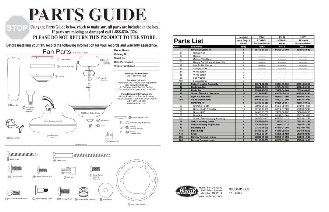 Hunter Fan 23264, 23262, 23263 warranty Parts List, Item # Item Name Qnty 