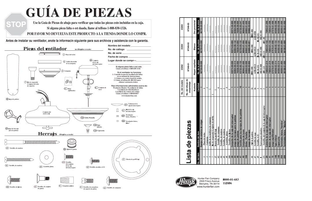 Hunter Fan 23263, 23262, 23264 warranty De piezas, Lista 