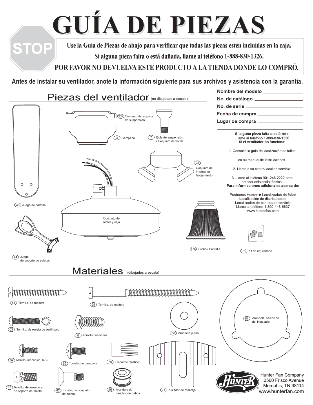 Hunter Fan 23483 warranty Guía DE Piezas 