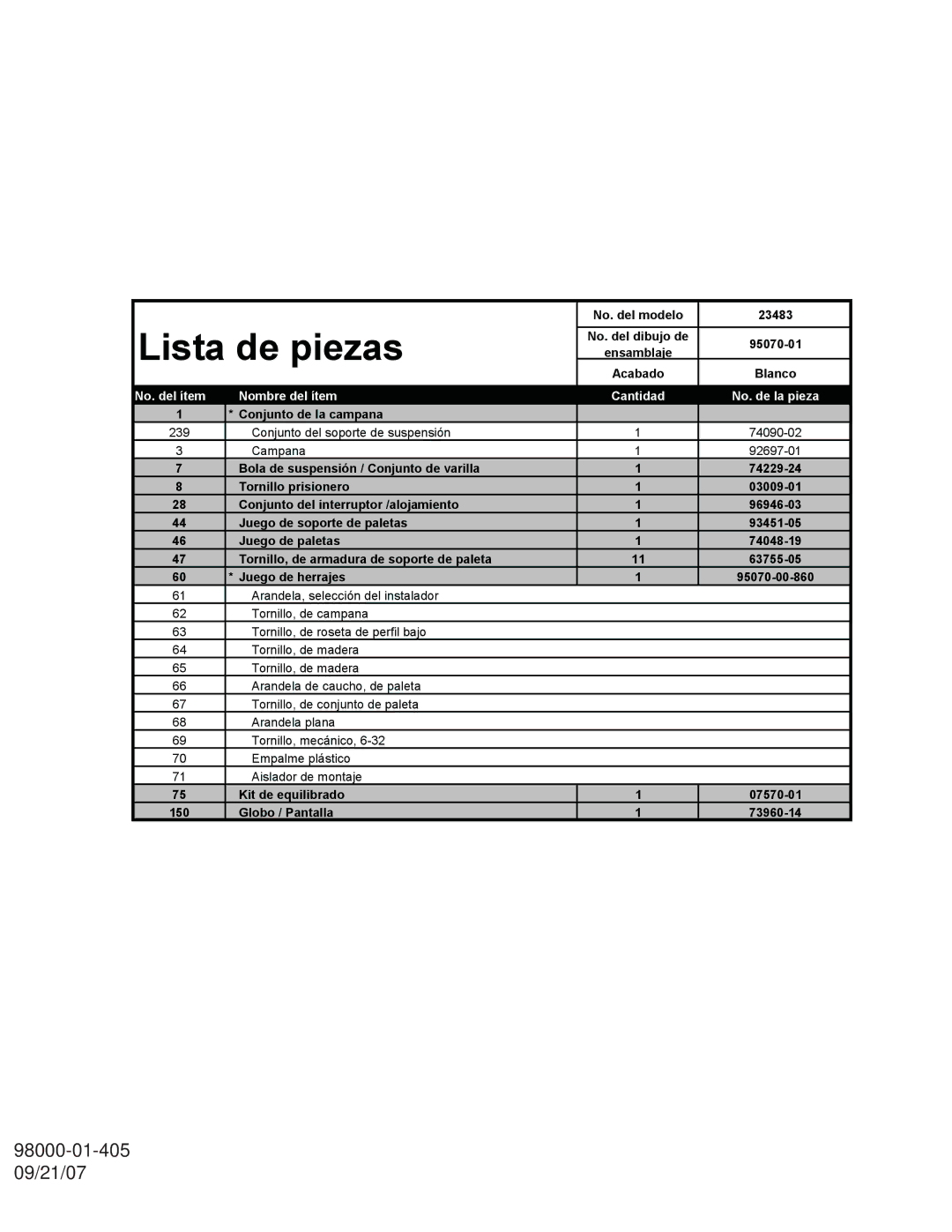 Hunter Fan 23483 warranty Lista de piezas, No. del ítem Nombre del ítem Cantidad No. de la pieza 