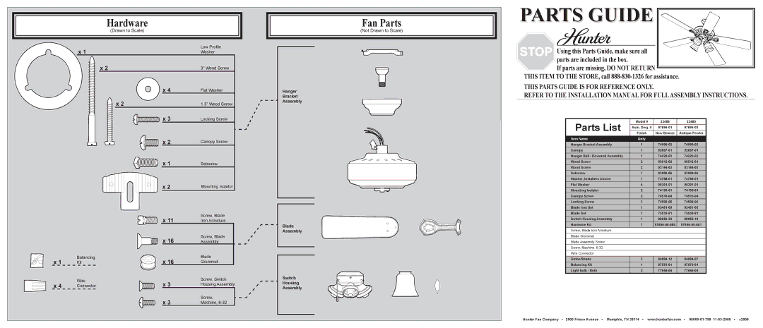 Hunter Fan 23488 23489 installation manual Hardware, Fan Parts, Parts List, Not Drawn to Scale 