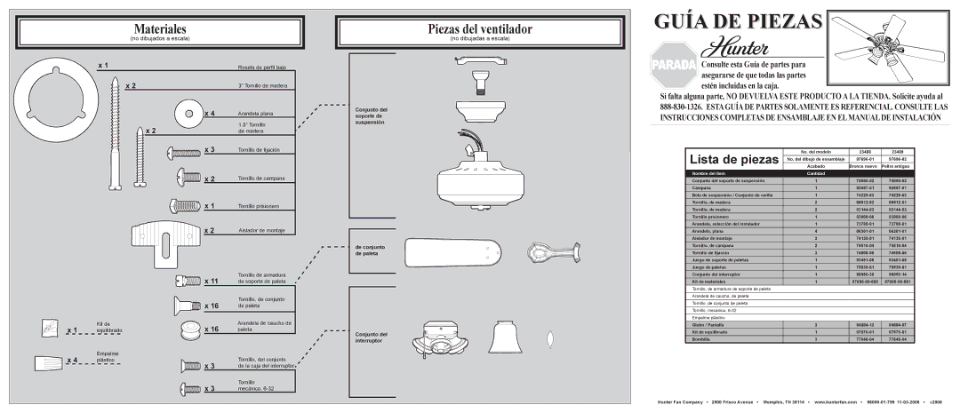 Hunter Fan 23488 23489 Piezas del ventilador, Lista de piezas, No dibujados a escala, No dibujadas a escala 