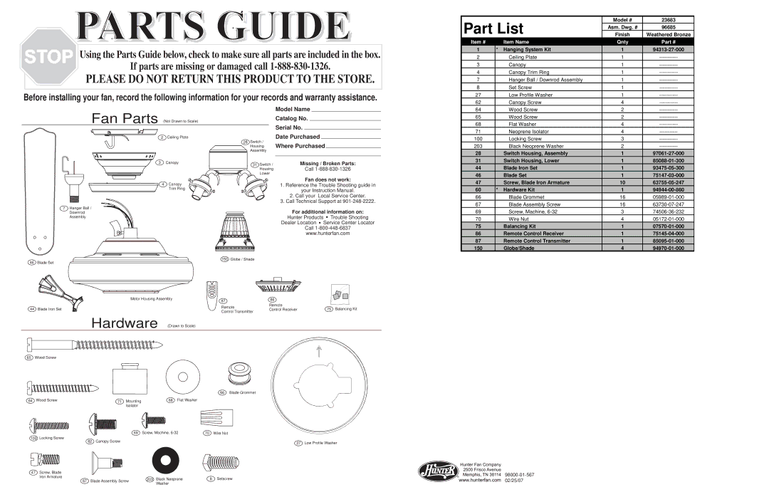 Hunter Fan 23683 warranty Part List, Item # Item Name Qnty 