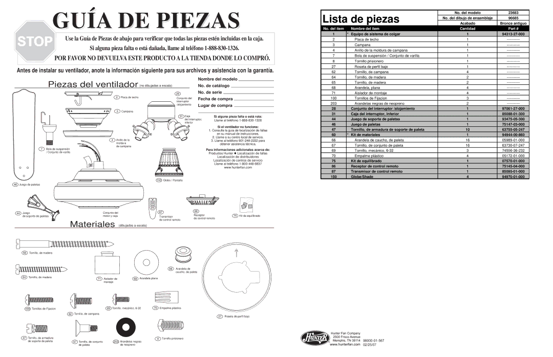 Hunter Fan 23683 warranty Lista de piezas, No. del ítem Nombre del ítem Cantidad, Equipo de sistema de colgar 