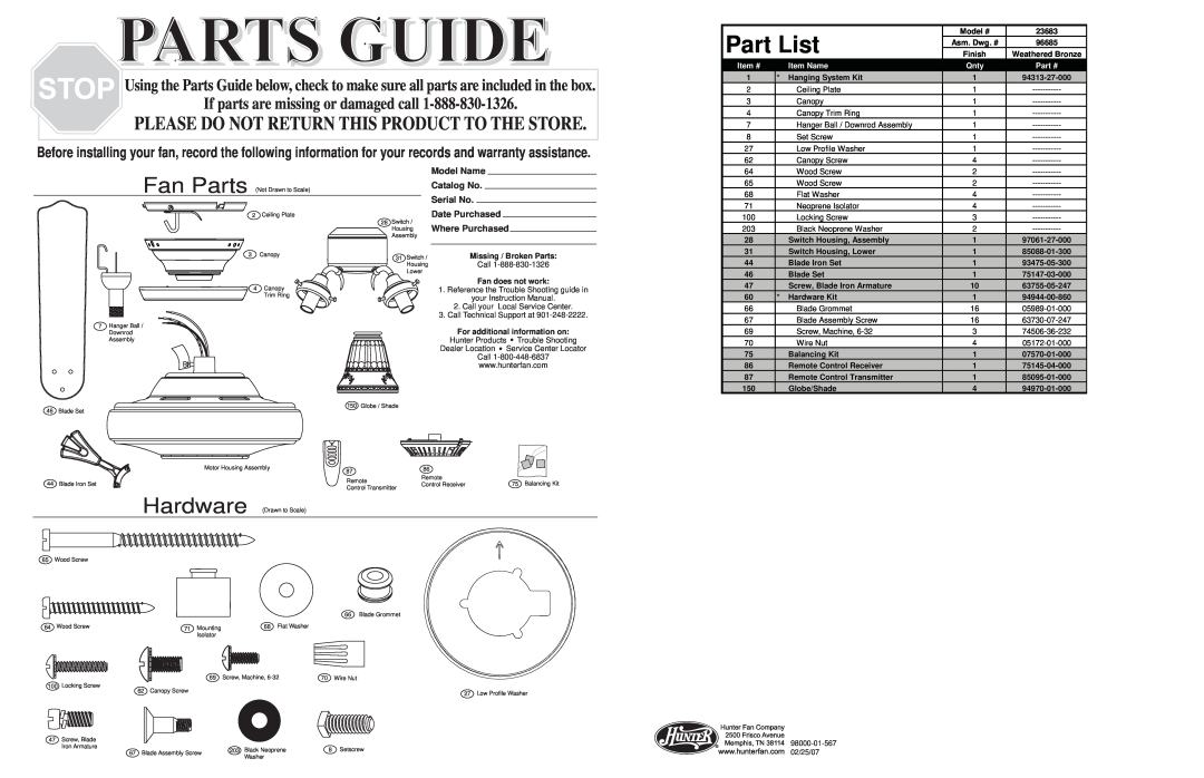 Hunter Fan 23683 warranty Part List, Parts Guide, Fan Parts, Please Do Not Return This Product To The Store, Model Name 