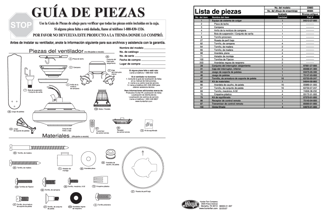 Hunter Fan 23683 warranty Lista de piezas, Guía De Piezas, Materiales 