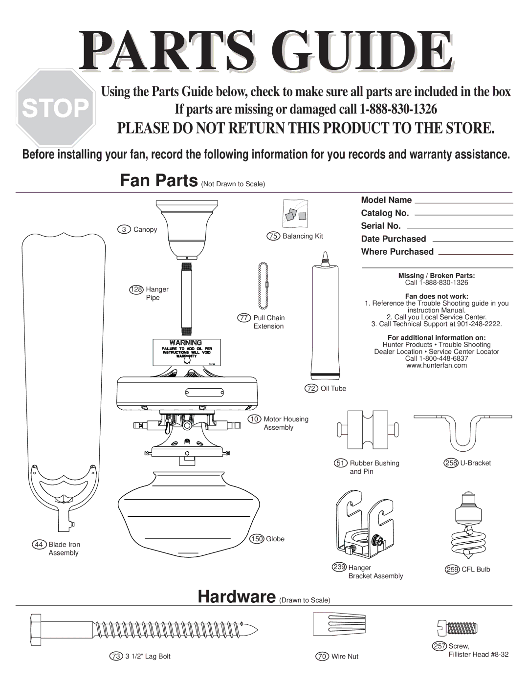 Hunter Fan 23702 warranty Parts Guide, Missing / Broken Parts, Fan does not work 