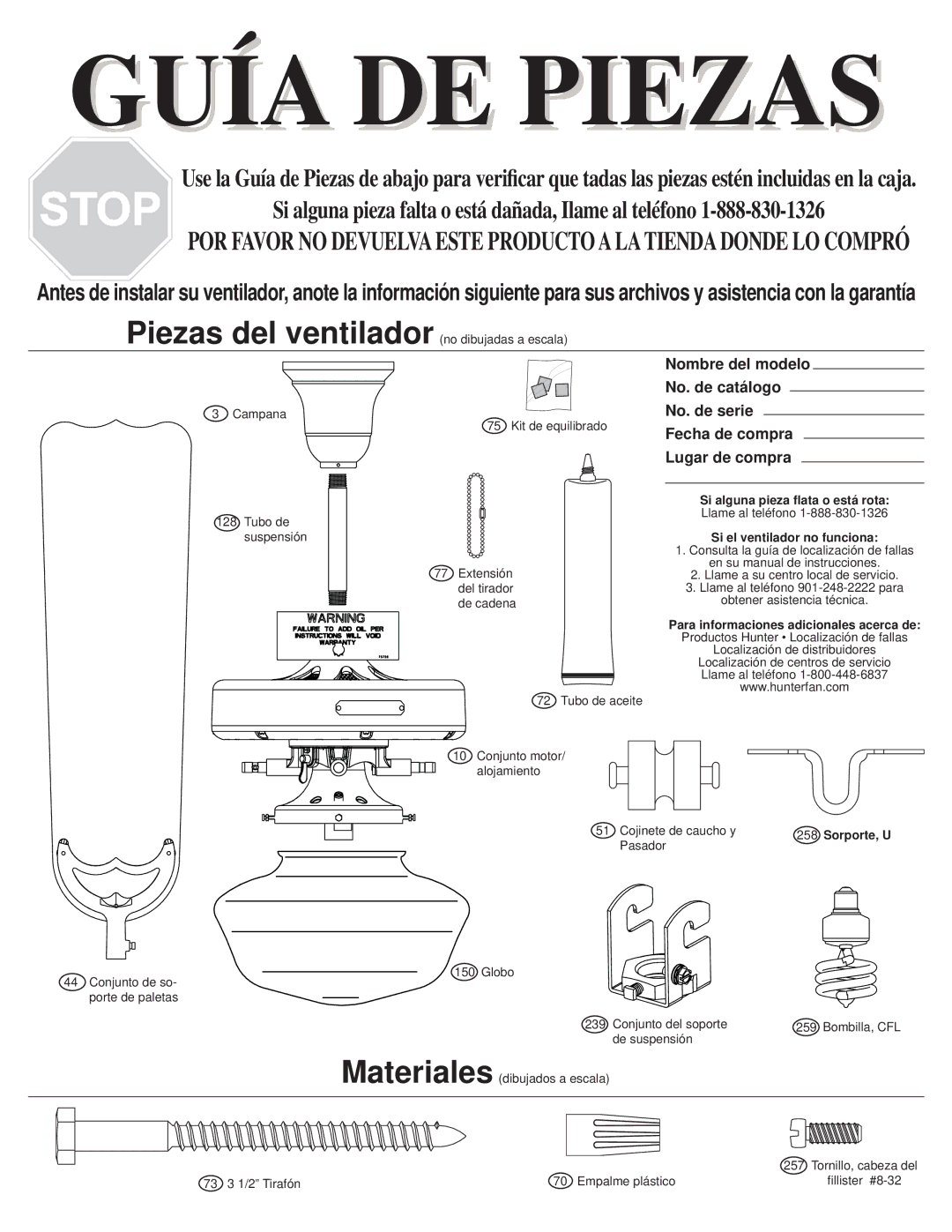 Hunter Fan 23702 warranty Guía DE Piezas, Si alguna pieza ﬂata o está rota, Si el ventilador no funciona 