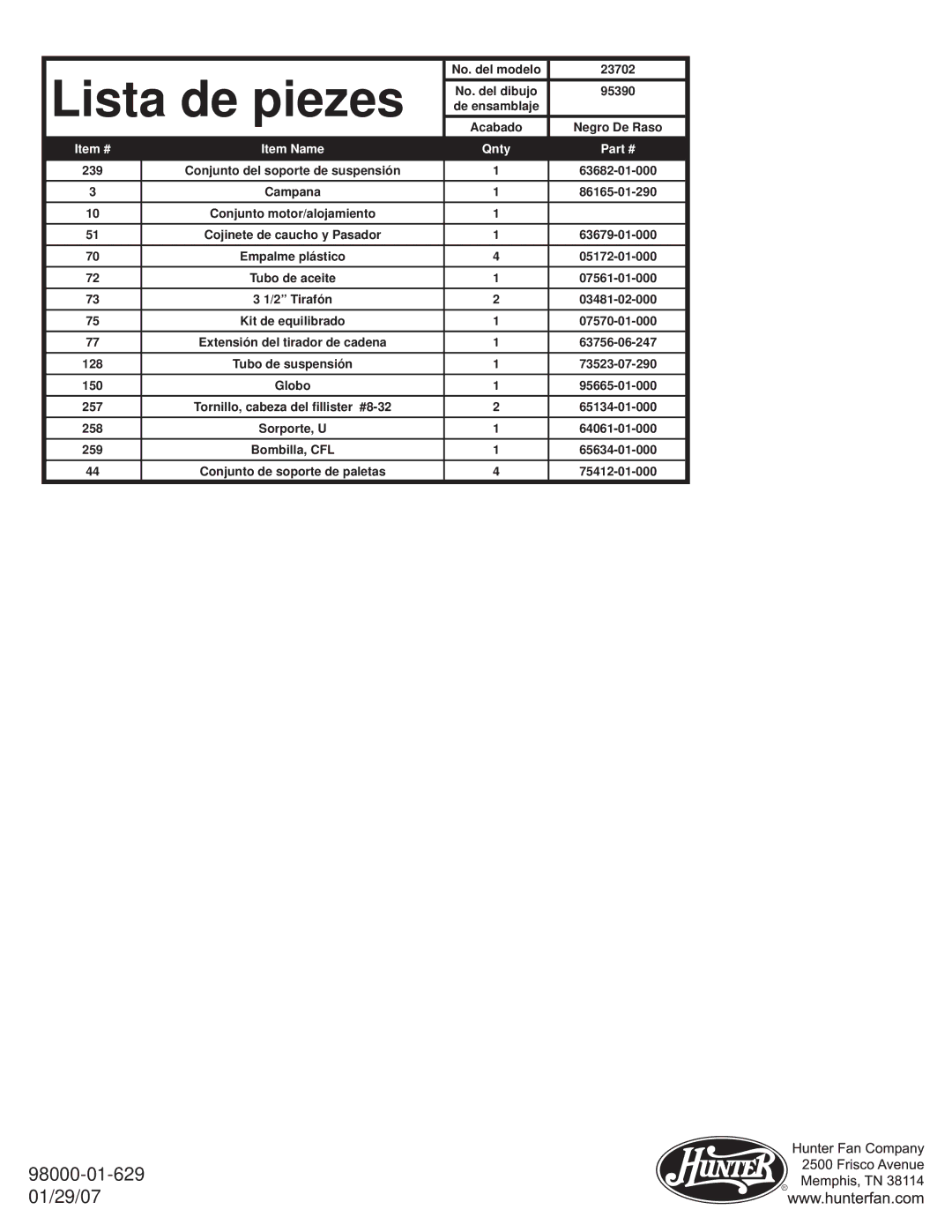 Hunter Fan warranty Lista de piezes, No. del modelo 23702, Qnty 