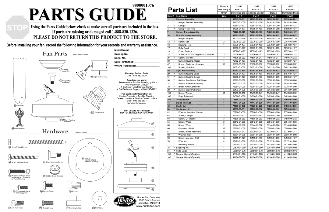 Hunter Fan 21898, 23710, 21899, 21897 owner manual Fandoes, DateNo, Parts List, Hardware, YourInstructiManual 