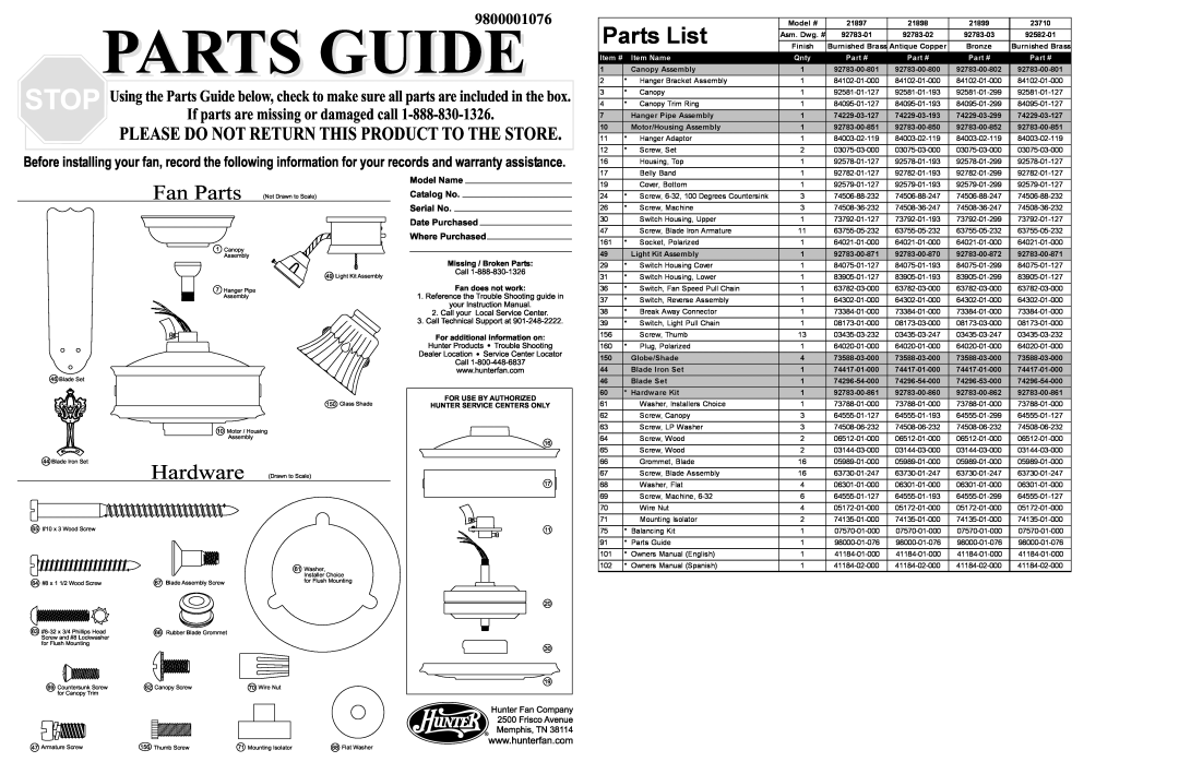 Hunter Fan 21898 owner manual Fandoes, TroubleShooting, HunterProducts, DateNo, Parts List, Hardware, CalogNo, 9800001076 
