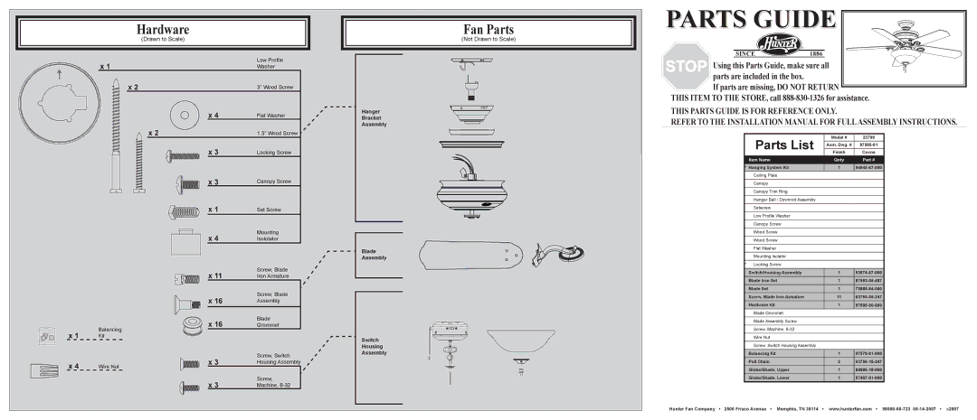 Hunter Fan 23798 installation manual Hardware, Fan Parts, Parts List, Not Drawn to Scale 