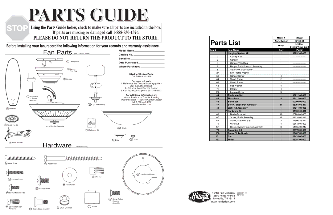 Hunter Fan 23802 warranty Parts Guide, Fan Parts, Hardware, Parts List, Please do not Return this Product to the Store 