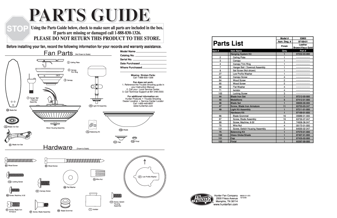 Hunter Fan 23802 warranty Parts Guide, Fan Parts, Hardware, Parts List, Please Do Not Return This Product To The Store 