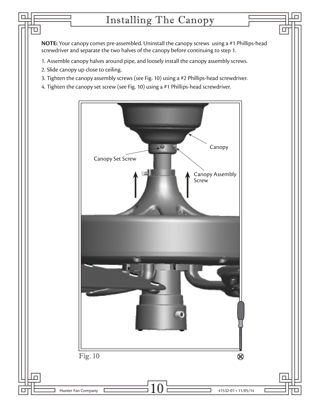 Hunter Fan 23838 warranty Installing The Canopy 