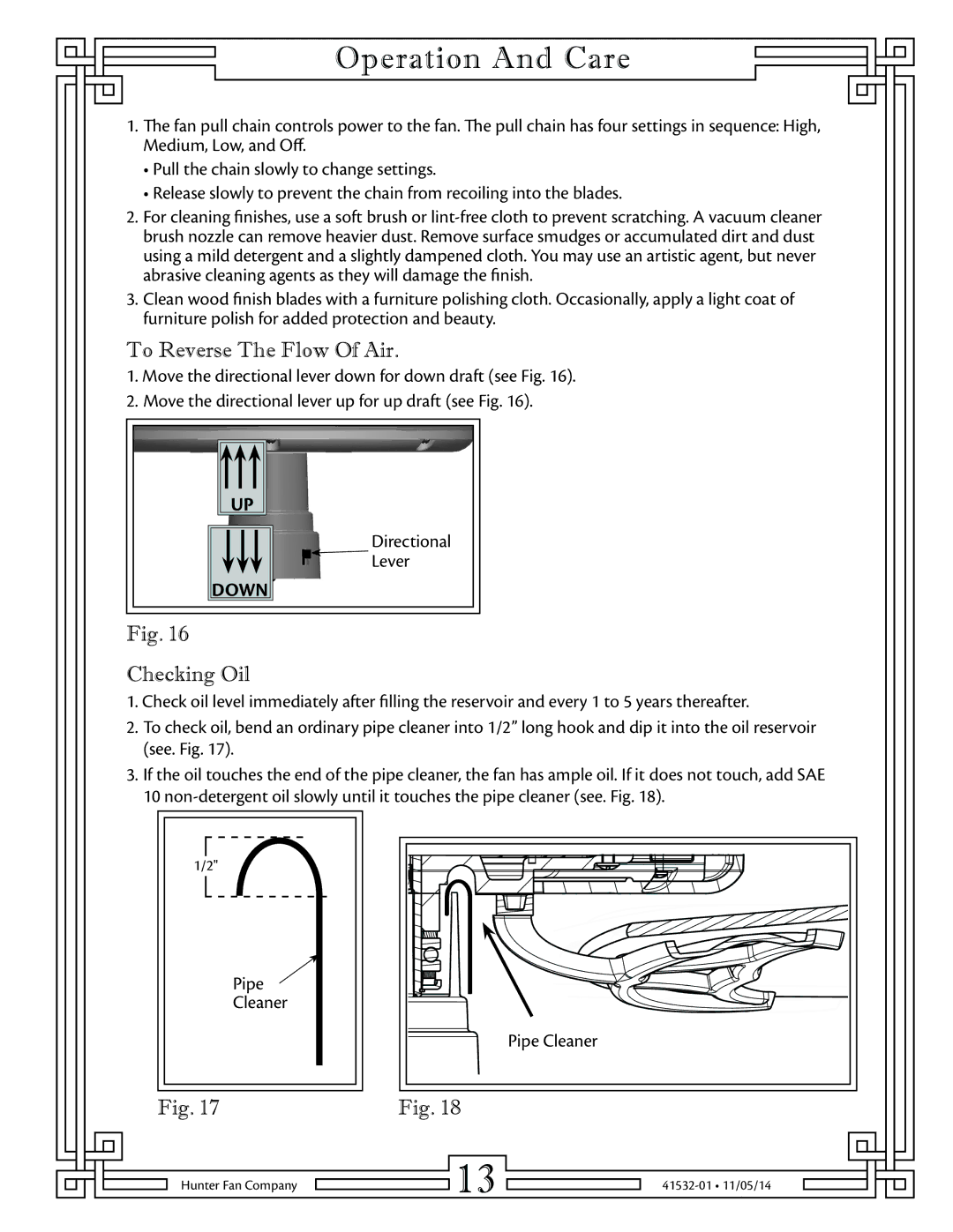 Hunter Fan 23838 warranty Operation And Care, To Reverse The Flow Of Air, Checking Oil 